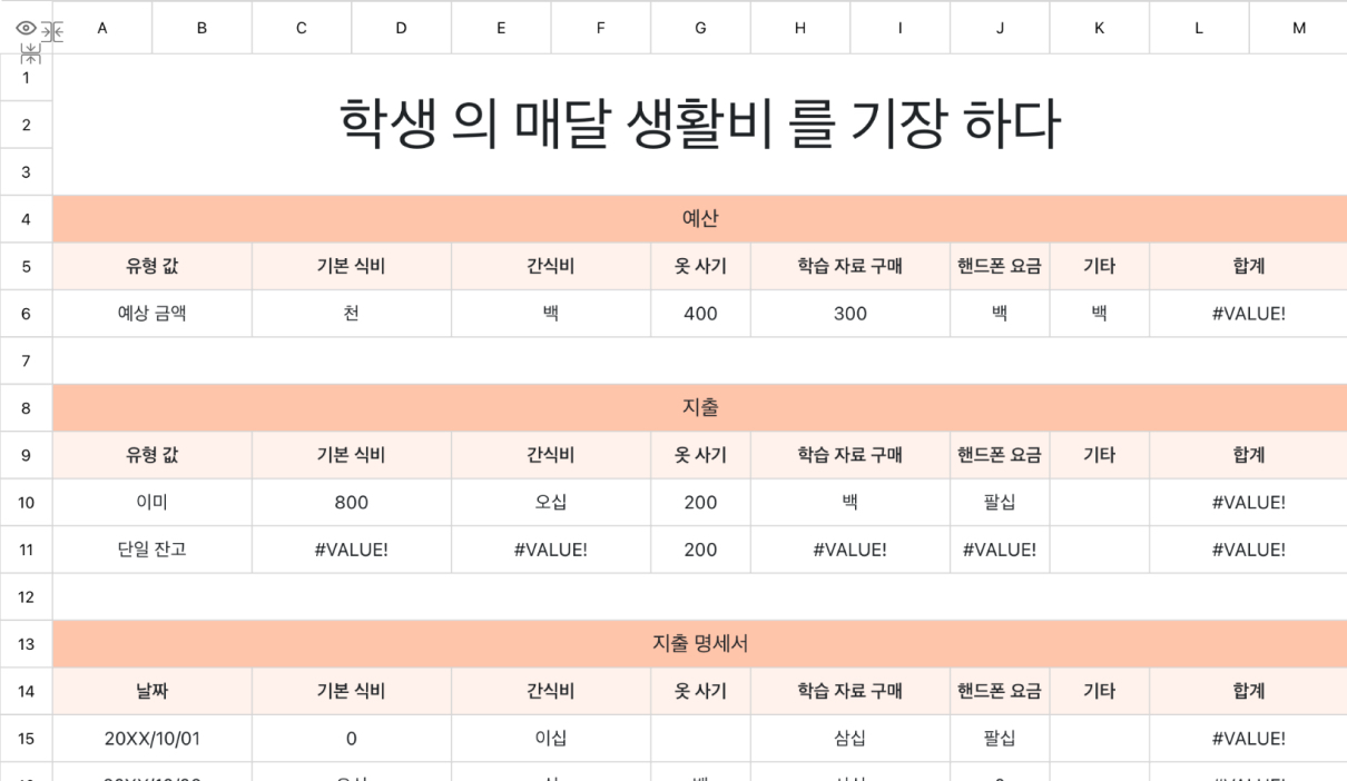 학생 의 매달 생활비 를 기장 하다